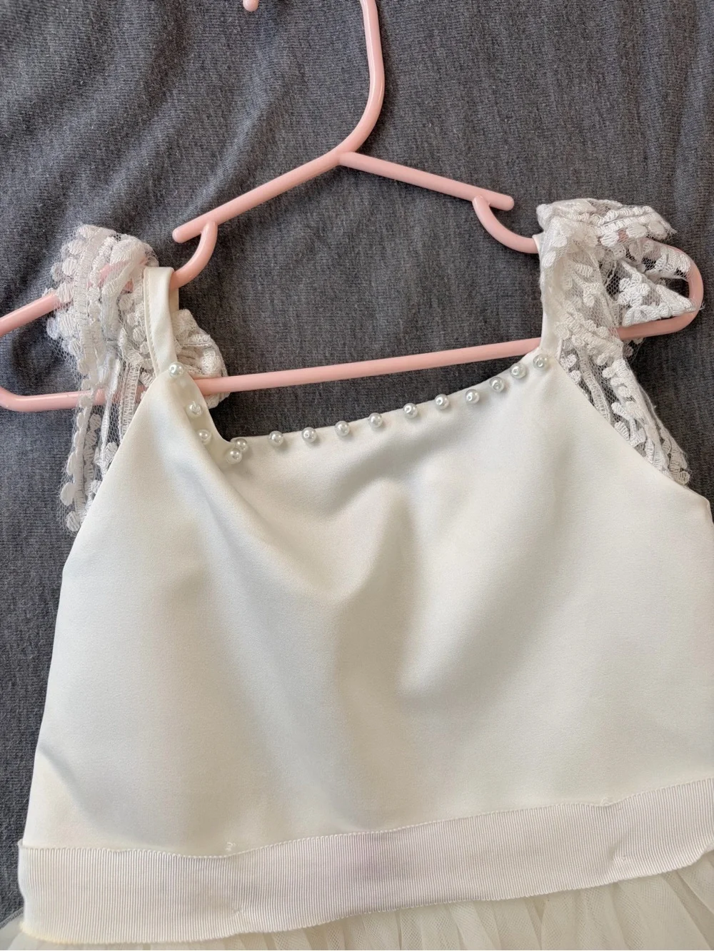 David's Bridal Ivory Tulle Flower Girl Dress with Lace Straps - Picture 2 of 4